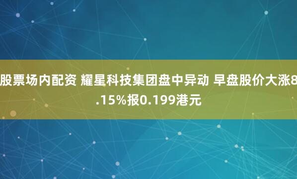 股票场内配资 耀星科技集团盘中异动 早盘股价大涨8.15%报0.199港元